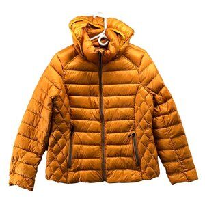 Michael Kors Packable Down Jacket Womens L Orange Hooded Full Zip Quilted